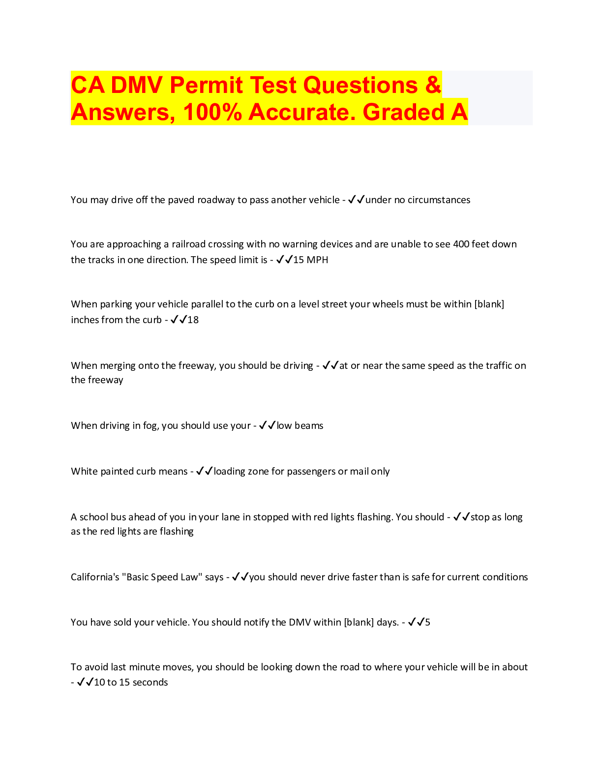 CA DMV Permit Test Questions & Answers, 100% Accurate. Graded A